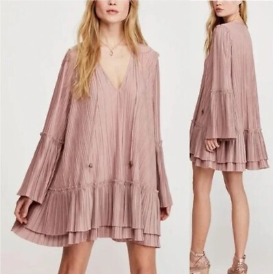 #ad NWT Free People Can’t Help It Boho Dress MEDIUM Pink Clay Bell Sleeve Oversized $53.00