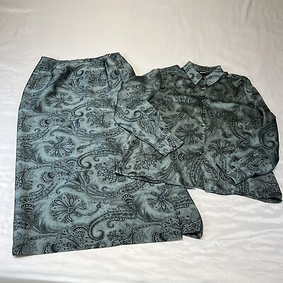 #ad Kasper Skirt Set Womens Sz 10 2 Piece Green Paisley Silky Blouse Long GrannyChic $32.77