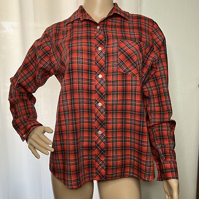 Sears Women 14 Medium Blouse Vintage Red Plaid Long Sleeve Top 80’s Prep Holiday $18.00