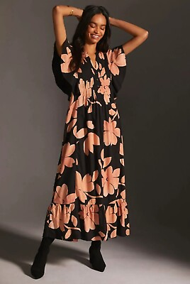 #ad Anthropologie Maeve Cassandra Maxi Dress Pleated Ruffled Floral Coral Size M $150.00