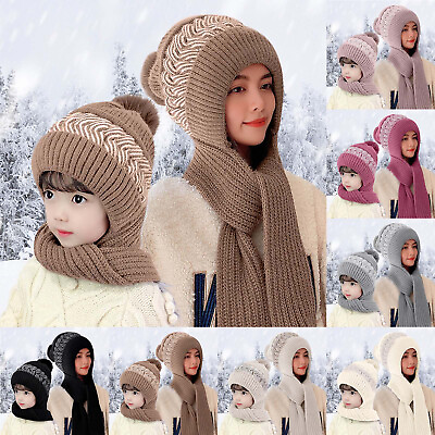 Women Winter Slouchy Knit Warm Hats Wool Cap Scarf Integrated Pullover Cap Cute $15.73