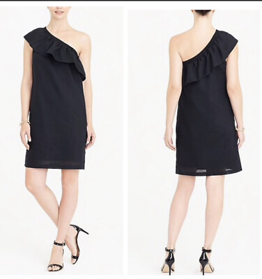 #ad J. Crew One Shoulder Ruffle Little Black Dress XS Black Linen Blend $22.95