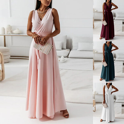 #ad NEW Stylish Women V Neck Sleeveless Solid Evening Party Long Dress Cocktail $27.63
