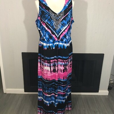 #ad Ana V Neck Blue amp; Pink Maxi Dress size XL $20.25
