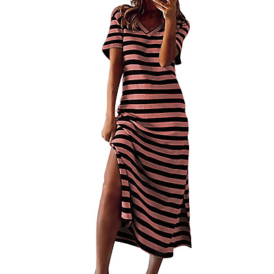 Womens Summer Stripe Maxi Dress Short Sleeve V Neck Loose Long Beach Dress $18.78