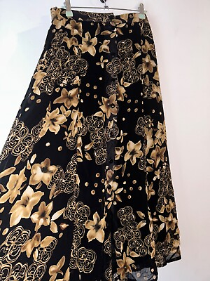 Button Front Vintage Skirt Long Black Floral Lined Size 16 18 Gypsy Bohemian GBP 15.99