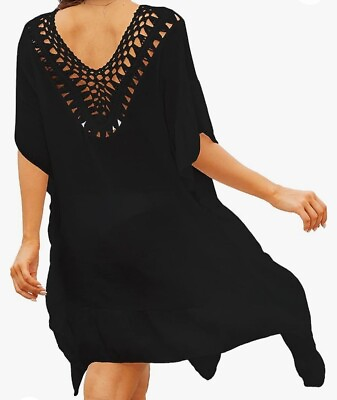Women#x27;s Swimsuit Cover Up Crochet Chiffon Ruffle Beach Cover Size Plus Black $24.33