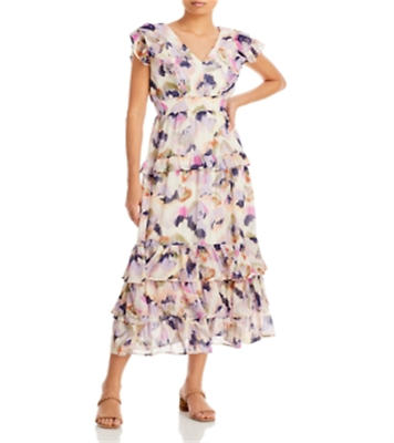 #ad Aqua Women#x27;s Ruffled Floral Maxi Dress Purple Size S $31.02