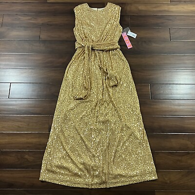 #ad LDT Dillards Women#x27;s Size 4 Gold Sequin Ivy Goddess Long Gown Dress $62.95