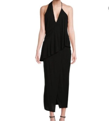 #ad Reiss Zena Black Cocktail Dress Womens Size 6 Midi Open Back Halter Peplum Long $33.97
