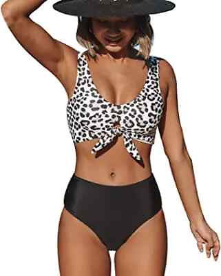 #ad Beachsissi Cute Bikinis Leopard Print Knot Front Swimsuit High Waisted Bathing $7.99