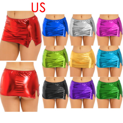 #ad US Women#x27;s Shiny Metallic Skirt Low Rise Bodycon Mini Skirts Rave Dance Clubwear $6.86