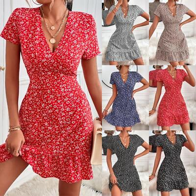Women Summer Holiday Dress Ladies Boho Beach Loose Floral Sun Dresses Size S 2XL $3.05