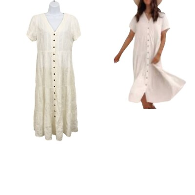 #ad Sonoma Women Cream Ivory Short Sleeves Peasant Button Down Maxi Dress M Medium $21.99