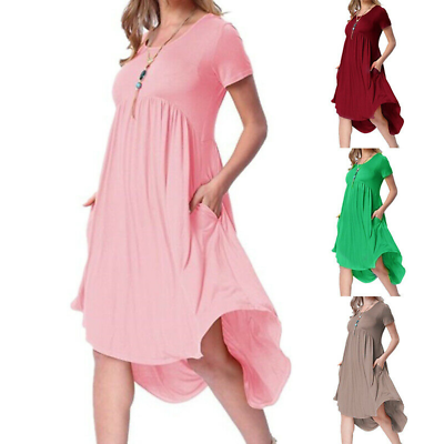 Women Solid Slim Summer Round Neck Short Sleeve Dress Casual Loose Plus Sundress $15.55