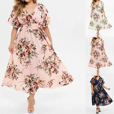 #ad #ad Plus Size Women Floral Summer Sexy Swing Dress Holiday Beach Long Maxi Sundress $20.29