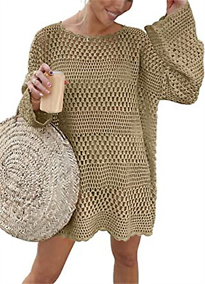 Women#x27;s Crochet Knit Swim Beach Cover Up Long Sleeve Top Dress $37.56