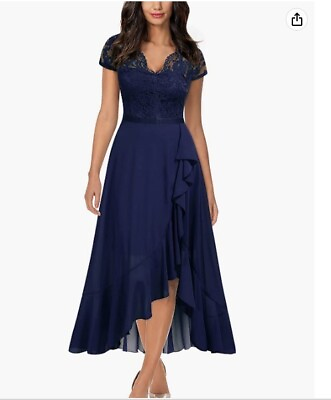 Miusol Women#x27;s V Neck Elegant Lace Ruffle Bridesmaid Maxi Dress Large Size Navy $55.00