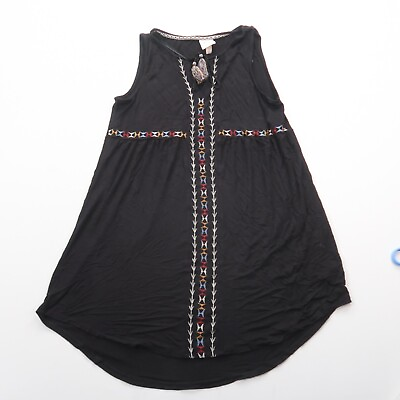 #ad Knox Rose Mini Boho Dress Womens Large Black Rayon Embroidered Flowy Sleeveless $14.39