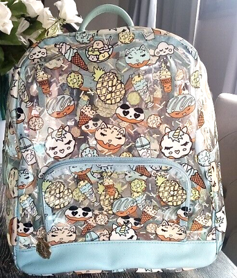 #ad Betsey Johnson Backpack Luv Betsey Large Clear Vinyl Blue Cartoon Anime Print $13.00
