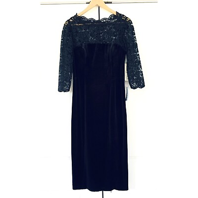 #ad Eliza J Cocktail Dress Black Velvet Sheath Lace Illusion 3 4 Sleeve Midi Size 4 $85.00