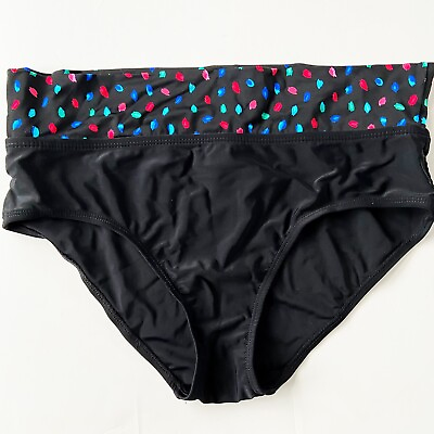#ad Baltex Womens Swim Bikini Bottoms High Waist Fold Over Size 12 Black Multicolor $14.99
