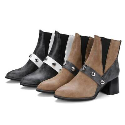 Women#x27;s Ankle Boots Synthetic Leather Block Mid Heels Pointed Toe Ladies Shoes $48.73