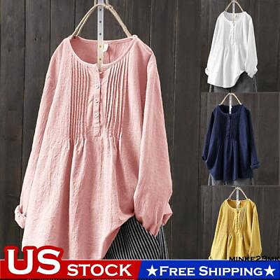 #ad Women Cotton Linen Long Sleeve T Shirt Blouse Casual Loose Tunic Tops Plus Size $18.67