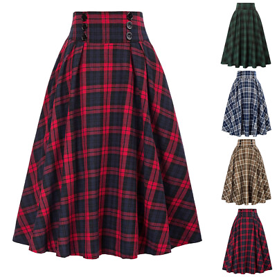 #ad Women Summer Loose Swing A Line Skirt Check Plaid High Waist Maxi Skirt Dresses $19.29