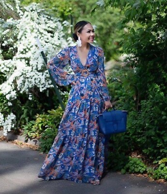 #ad Gianni Bini NWT Size 12 Lillian Blue Floral Cutout Maxi Dress Long Sleeve Boho $90.00