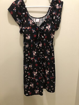Juniors Size XS 1 Black Floral Print Dress Knit Dress Cinched Waist NEW $8.99