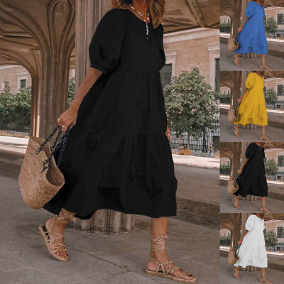 #ad Women Summer Holiday Beach Casual Baggy Dress Ladies Midi Party A Line Sundress $21.39