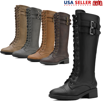 Womens Military Combat Boots Low Heel Side Zipper Knee High Boots Riding Boots $39.99