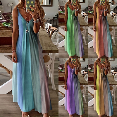 #ad Women Gradient Boho Maxi Dress Ladies V Neck Summer Holiday Cami Swing Dresses $18.57