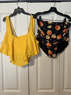 #ad Swimsuit Womens 2X Yellow Black Oranges Orange Slices 2 Piece Bathing Suit NWOT $18.99