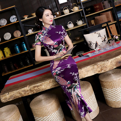 New Luxurious Purple Satin Phoenix Chinese Long Dress Cheongsam Qipao lcdress56 GBP 13.99