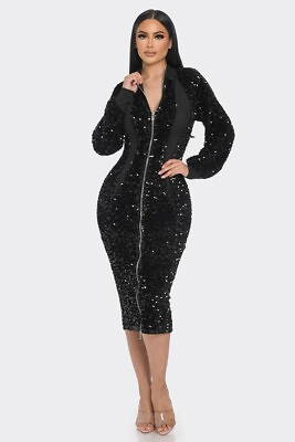 #ad Black Midi 2 Way Zip Up Sequin Contrast Front Design Dress Size L $89.00