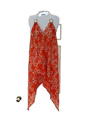 #ad Sun Dress quot;Pop Saint Barthquot; 100% Cotton Light Halter Tassel Orange Floral Print $82.00