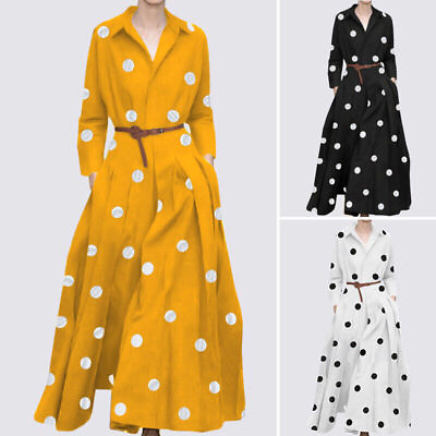 #ad Womens Evening Casual Long Sleeve Dress Polka Dot Maxi Dress Plus Size $27.98