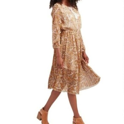 #ad World Market Paisley Pleated Sheer Lined Long Sleeve BOHO Dress Size L XL $24.50