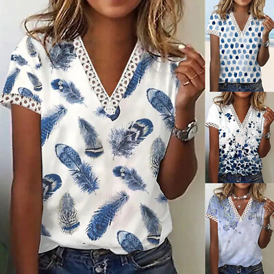 Women V Neck Short Sleeve T Shirt Tunic Tops Ladies Casual Loose Summer Blouse $17.19
