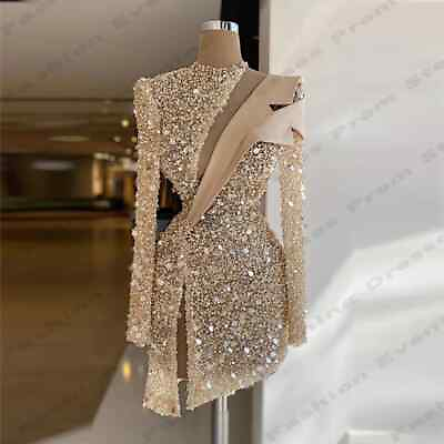 #ad Luxury Sparkling Short Evening Dresses Women Sexy Long Sleeved Party Prom Gowns $271.12