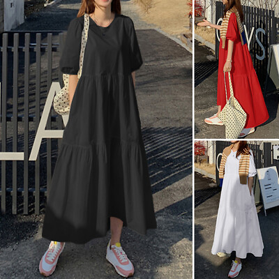 #ad US STOCK Women#x27;s Tiered Oversize Loose Long Maxi Dress Plus Size A Line Sundress $22.46