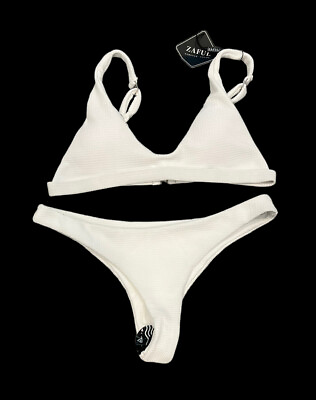 #ad Zaful Forever Young Thong Bikini Set Swimwear White Sz US 8 L $22.00