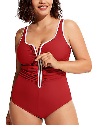 #ad DELIMIRA Women#x27;s One Pcs Plus Size Swimsuit Tummy Control Front Zipper Swimwear $39.59