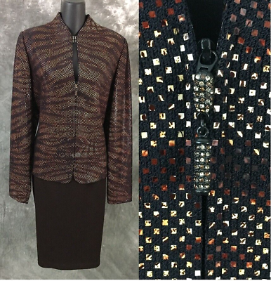 #ad BEAUTIFUL St John evening knit brown multi embellished jacket skirt suit 14 $499.00