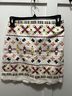 #ad Blue Rain Francesca’s Embroidered Skirt Size S White Aztec Print NWT Scallop $4.99