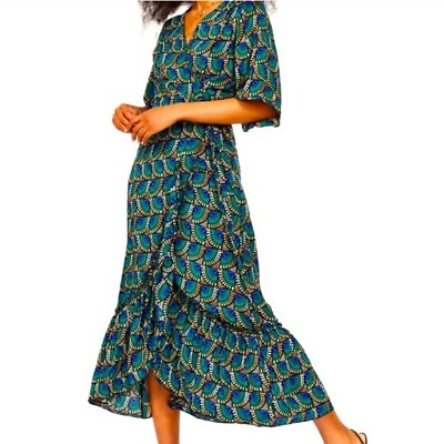 #ad Silk amp; Salt Journey Maxi Wrap Dress Size XXL African Peacock NWT V Neck Print $39.99