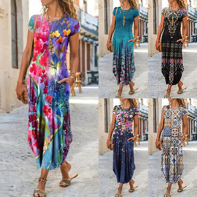 #ad Boho Womens Floral Printed Short Sleeve Sundress Ladies Slim Fit Maxi Long Dress $21.09