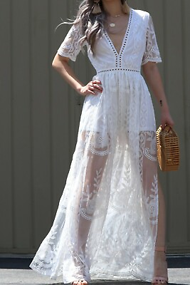 White Bohemian Maxi Dress Crochet Lace Embroidered Boho Long Dress S $59.46